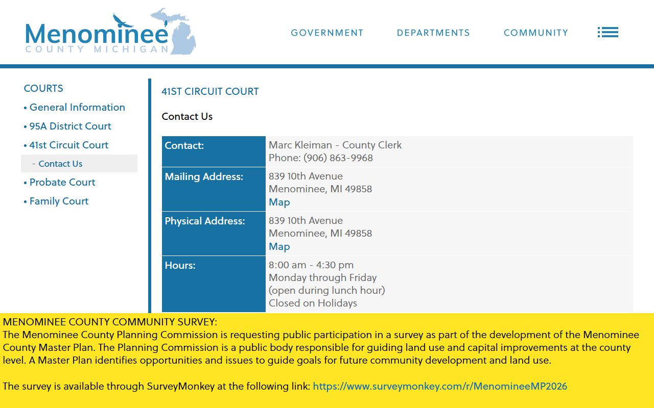 Menominee County Circuit Court contact form page