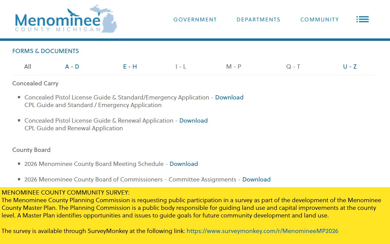 Menominee County Clerk county forms and documents index