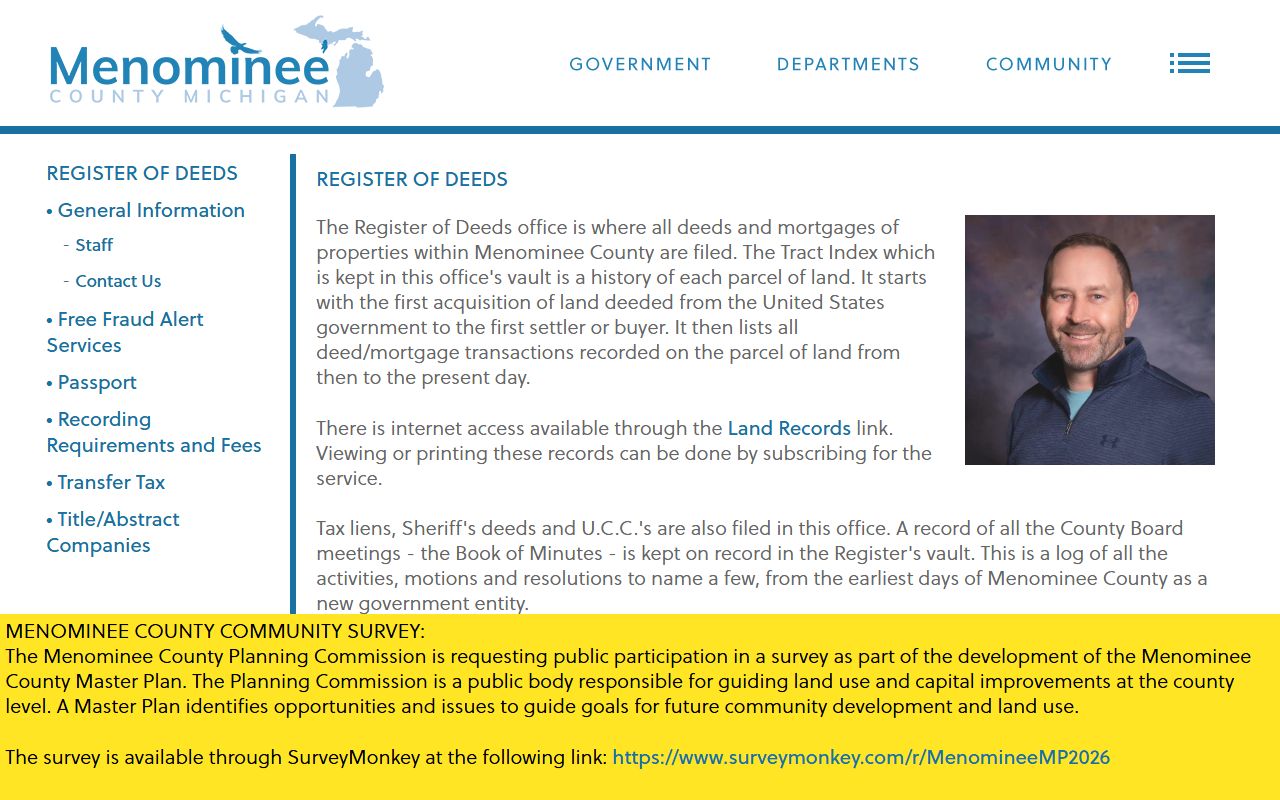 Menominee County Clerk and Register of Deeds records page