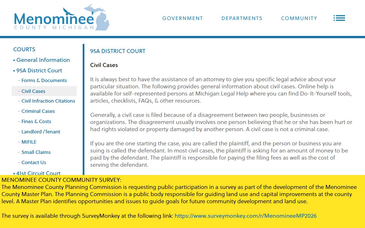 District Court case process page relevant to Menominee County arrest records and filed charges
