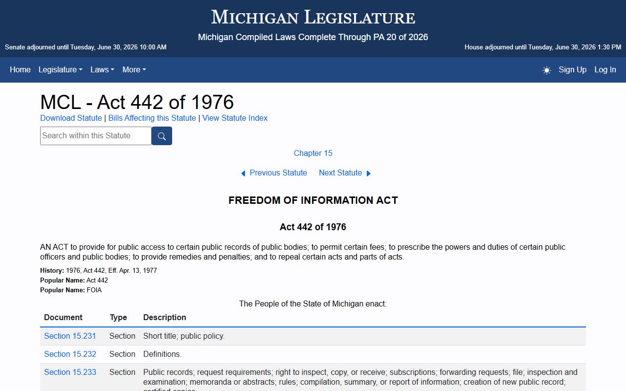 Michigan FOIA statute supporting access to Menominee County arrest records and public records