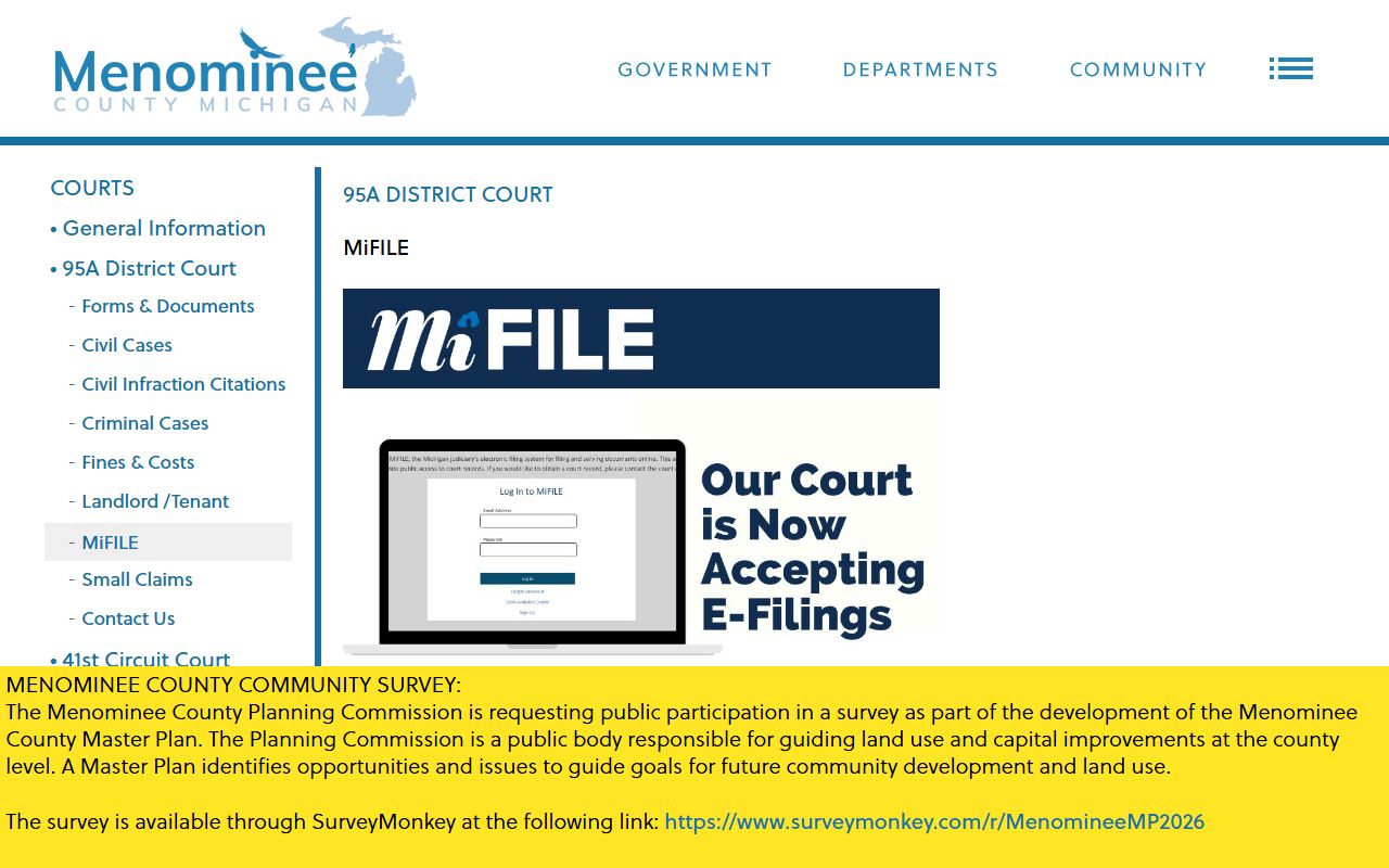 Menominee County 95A District Court MiFILE page tied to court dockets