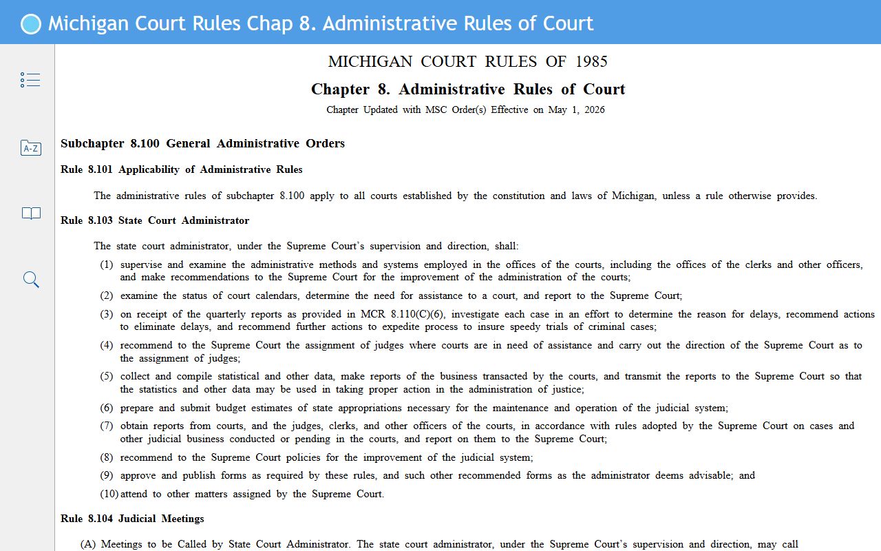 Michigan Court Rules Chapter 8 covering Menominee County court records access