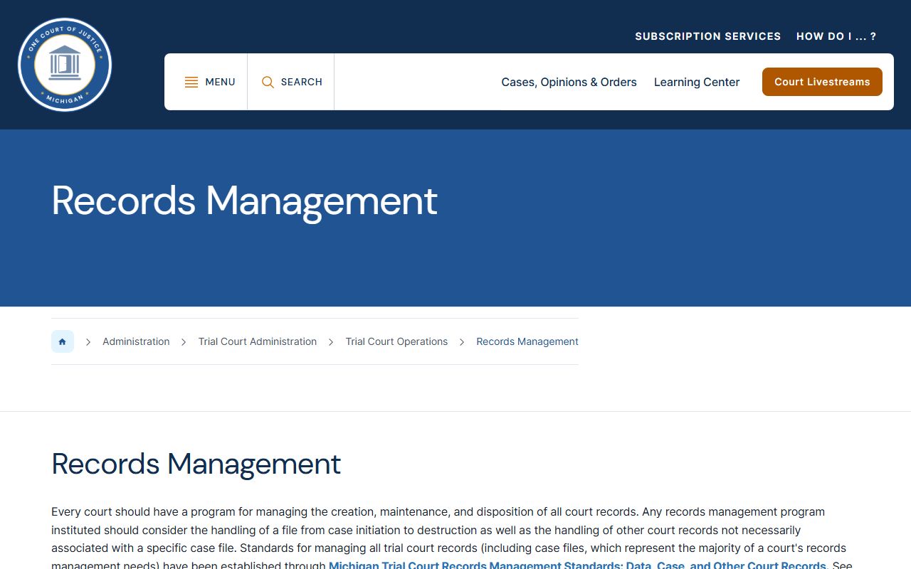 Michigan Courts records management page explaining Menominee County court records access