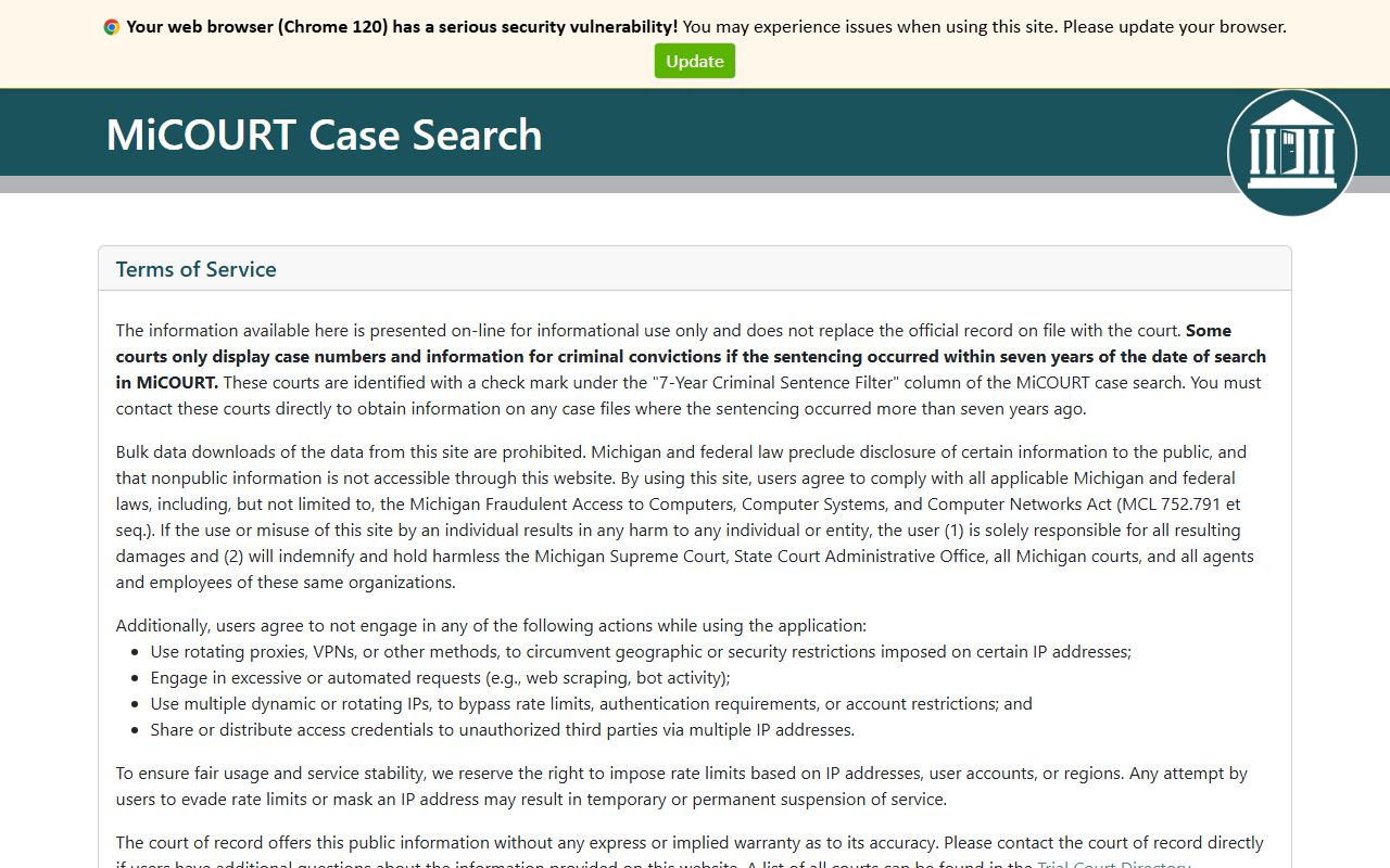 MiCOURT statewide search used for Menominee County court records