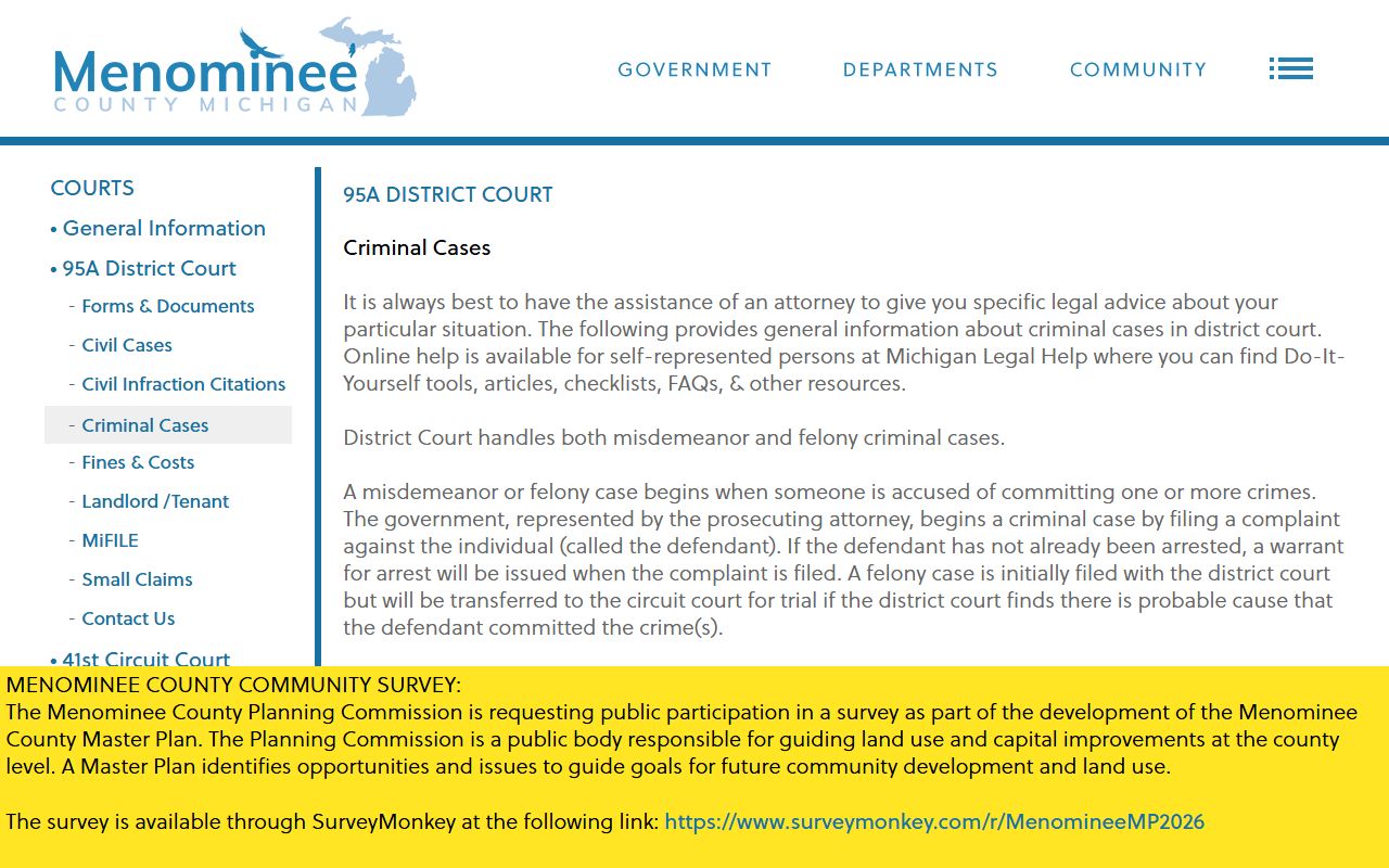 District Court page describing how Menominee County criminal court records begin after charges are filed