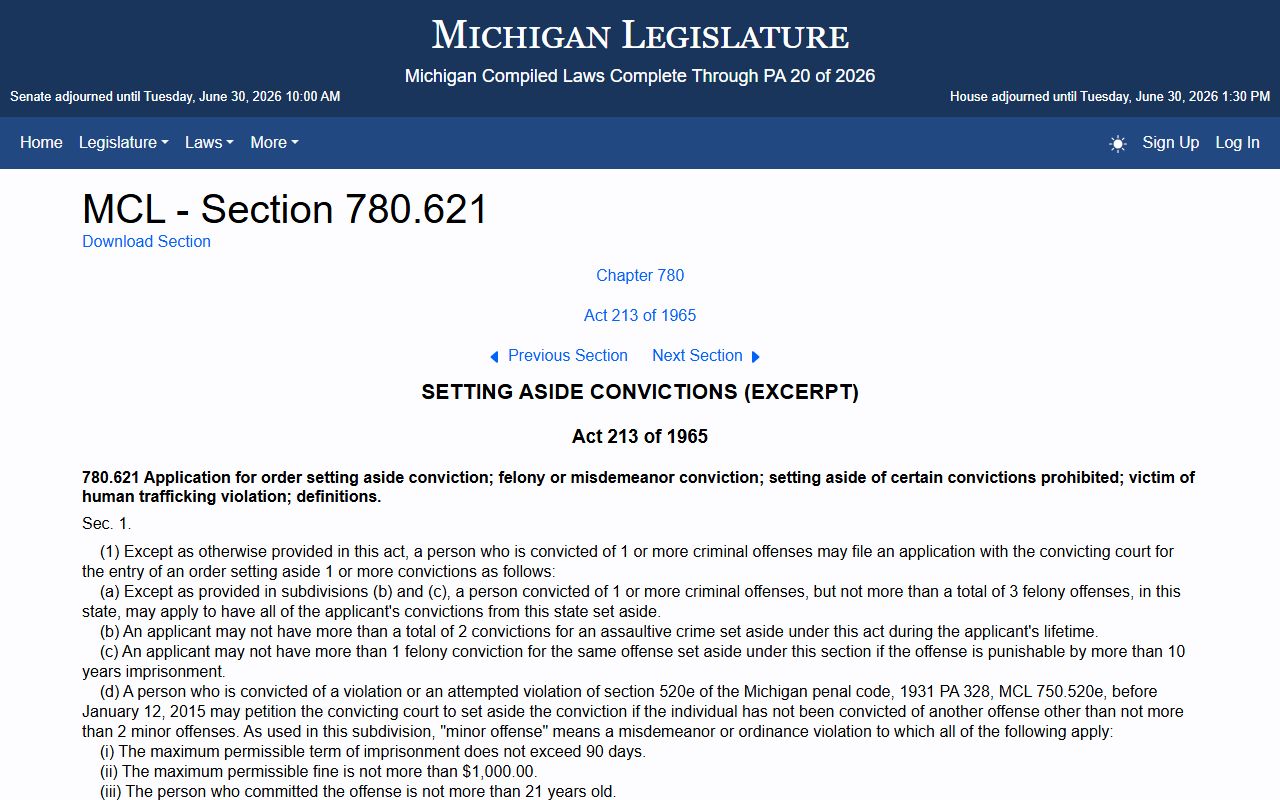 MCL 780.621 set-aside statute that shapes Menominee County criminal court records access