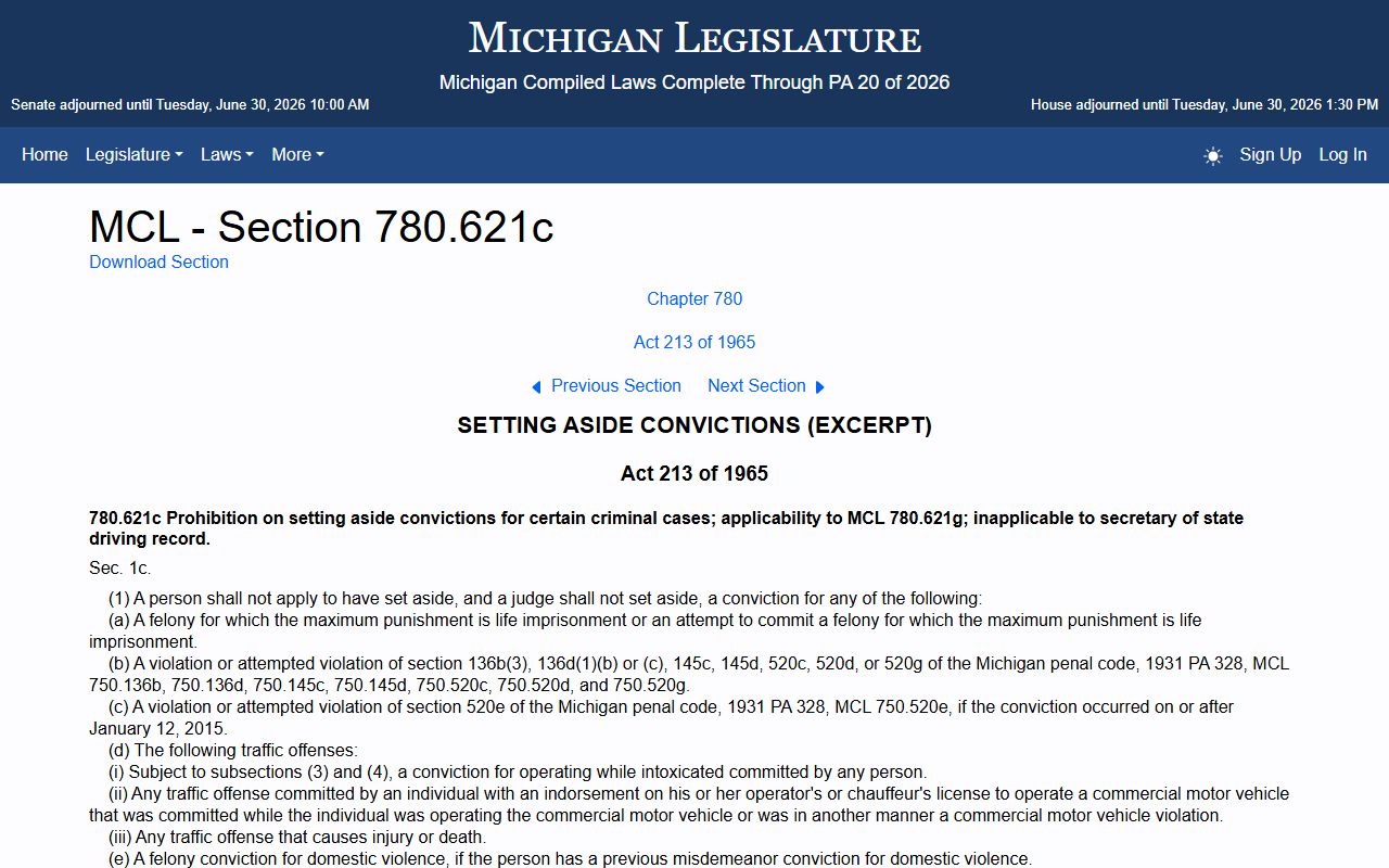 MCL 780.621c traffic offense set-aside rules affecting Menominee County criminal court records