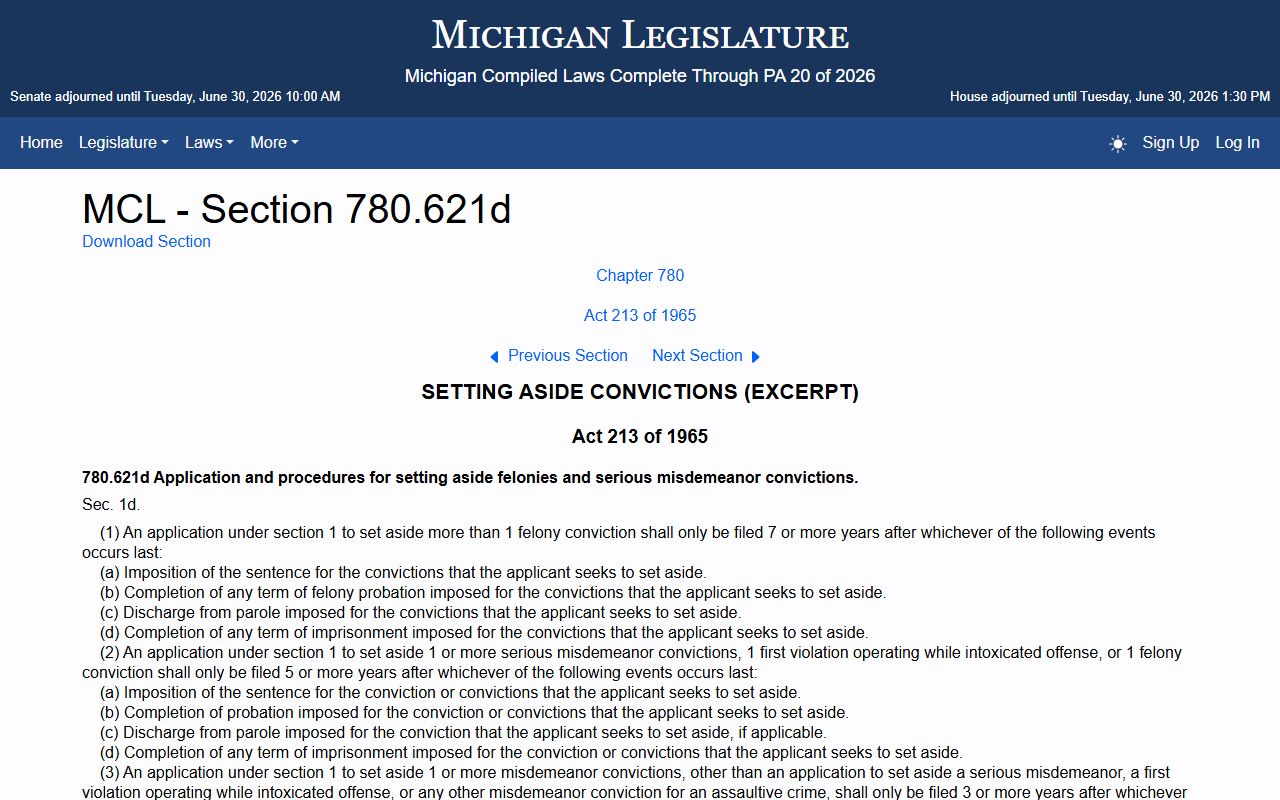 MCL 780.621d waiting periods that govern setting aside Menominee County criminal court records