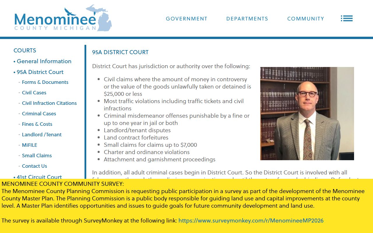 Menominee County 95A District Court records page showing jurisdiction