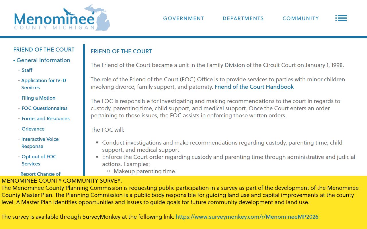 Menominee County Friend of the Court page for divorce and support records