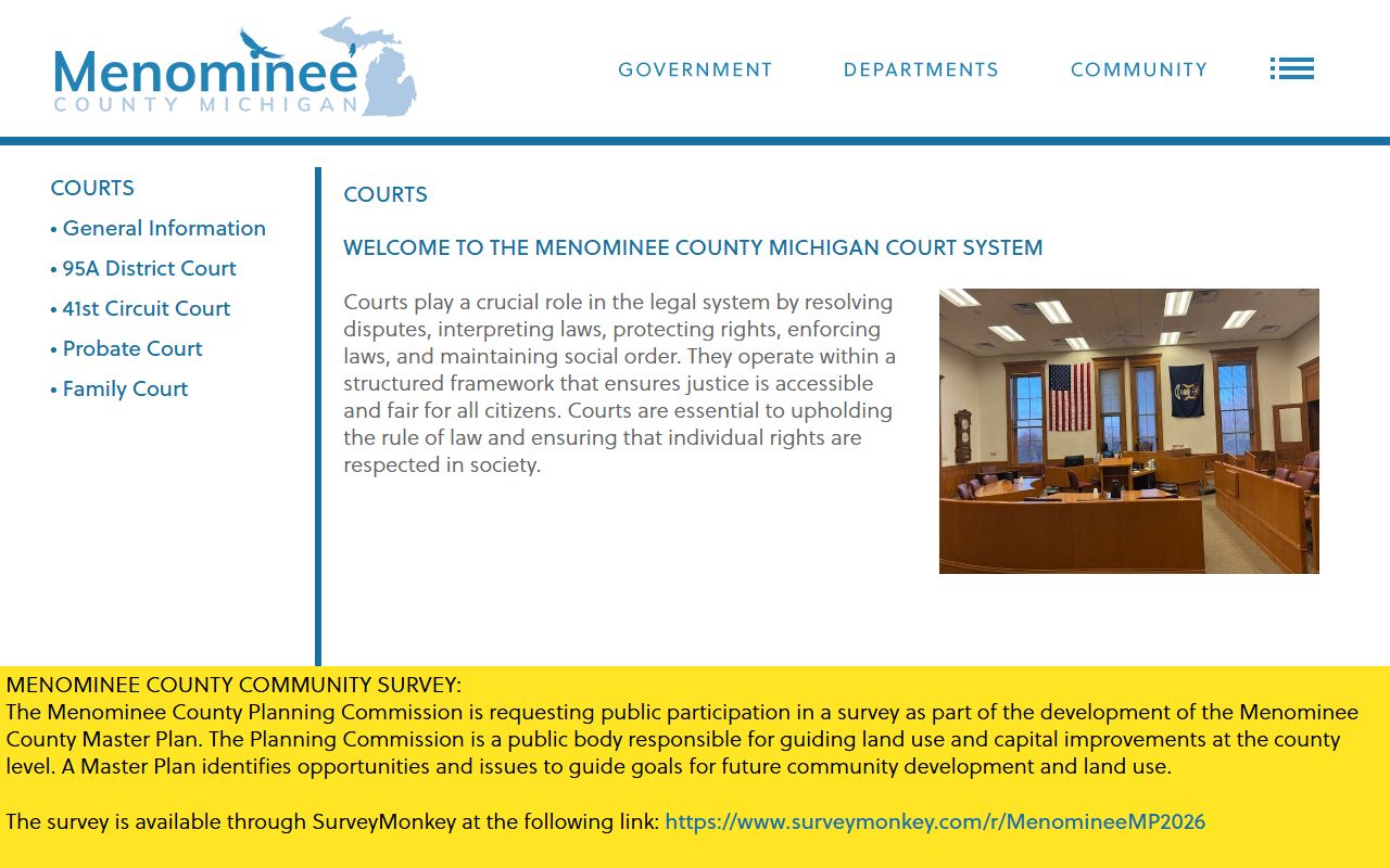 Menominee County Courts department page listing local court units