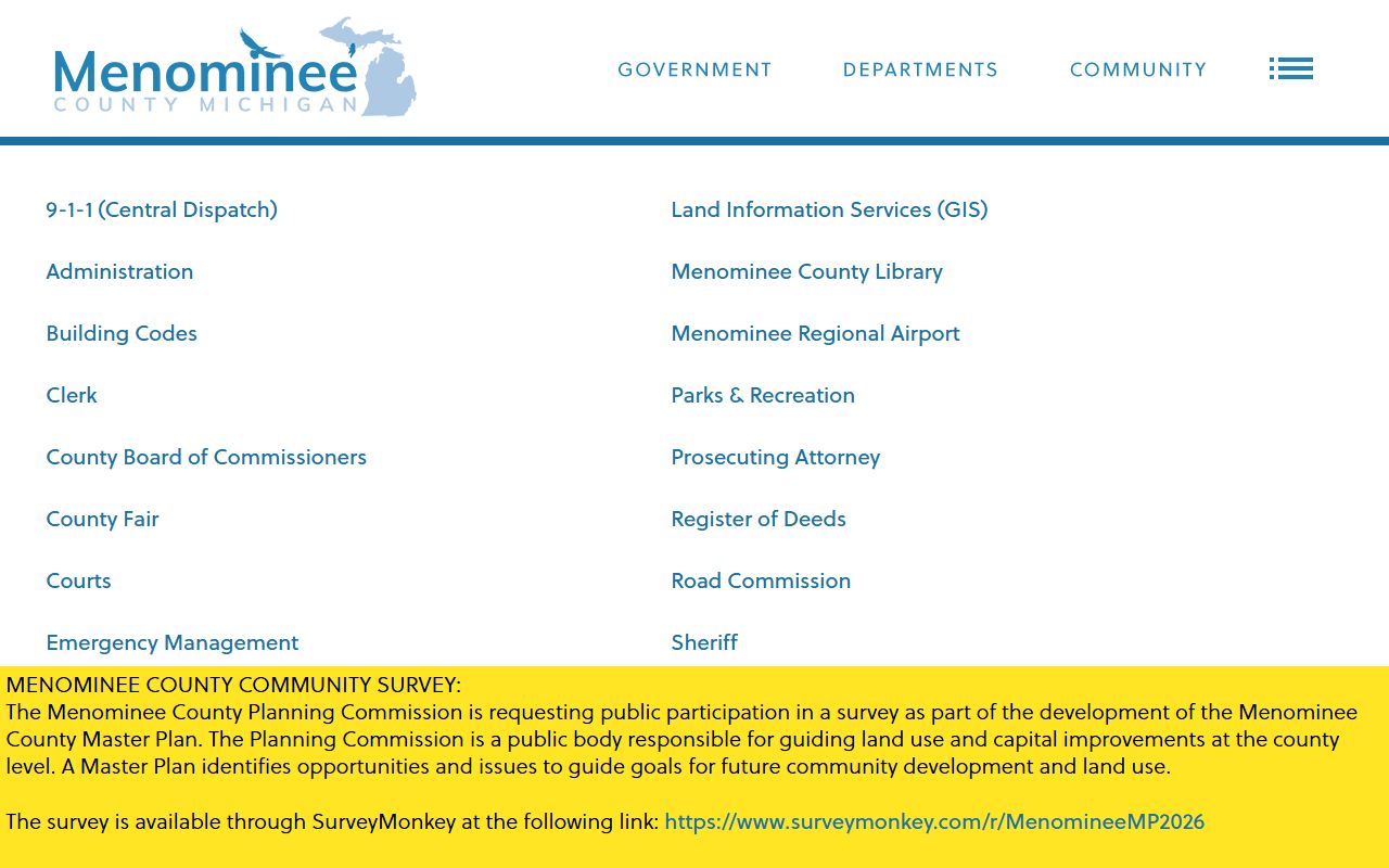 Menominee County departments directory linking court and records offices
