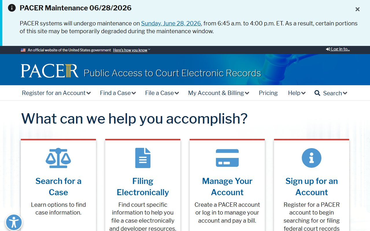 PACER federal court access page for Menominee County federal cases