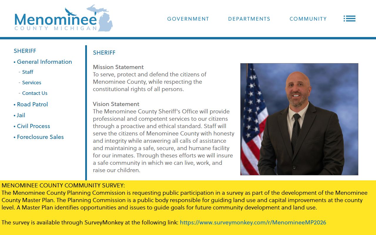 Menominee County Sheriff page with report access and payment links