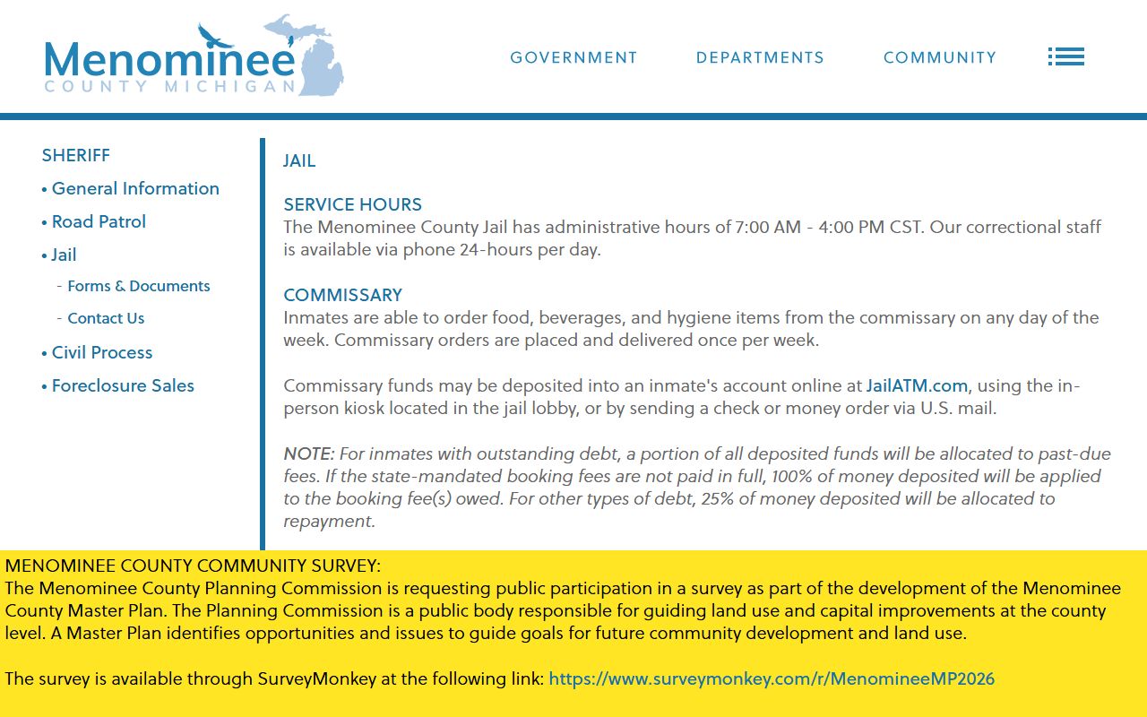 Menominee County inmate information on the Sheriff's Office jail page