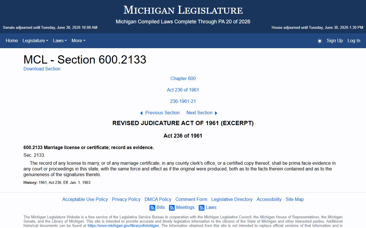 Menominee County marriage and divorce records certified copy treated as legal evidence