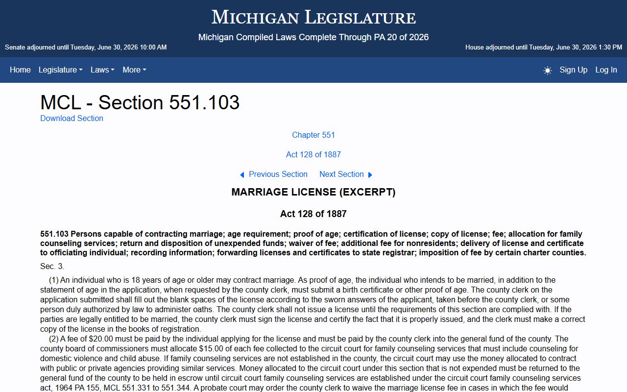 Menominee County marriage and divorce records license fee set by Michigan statute