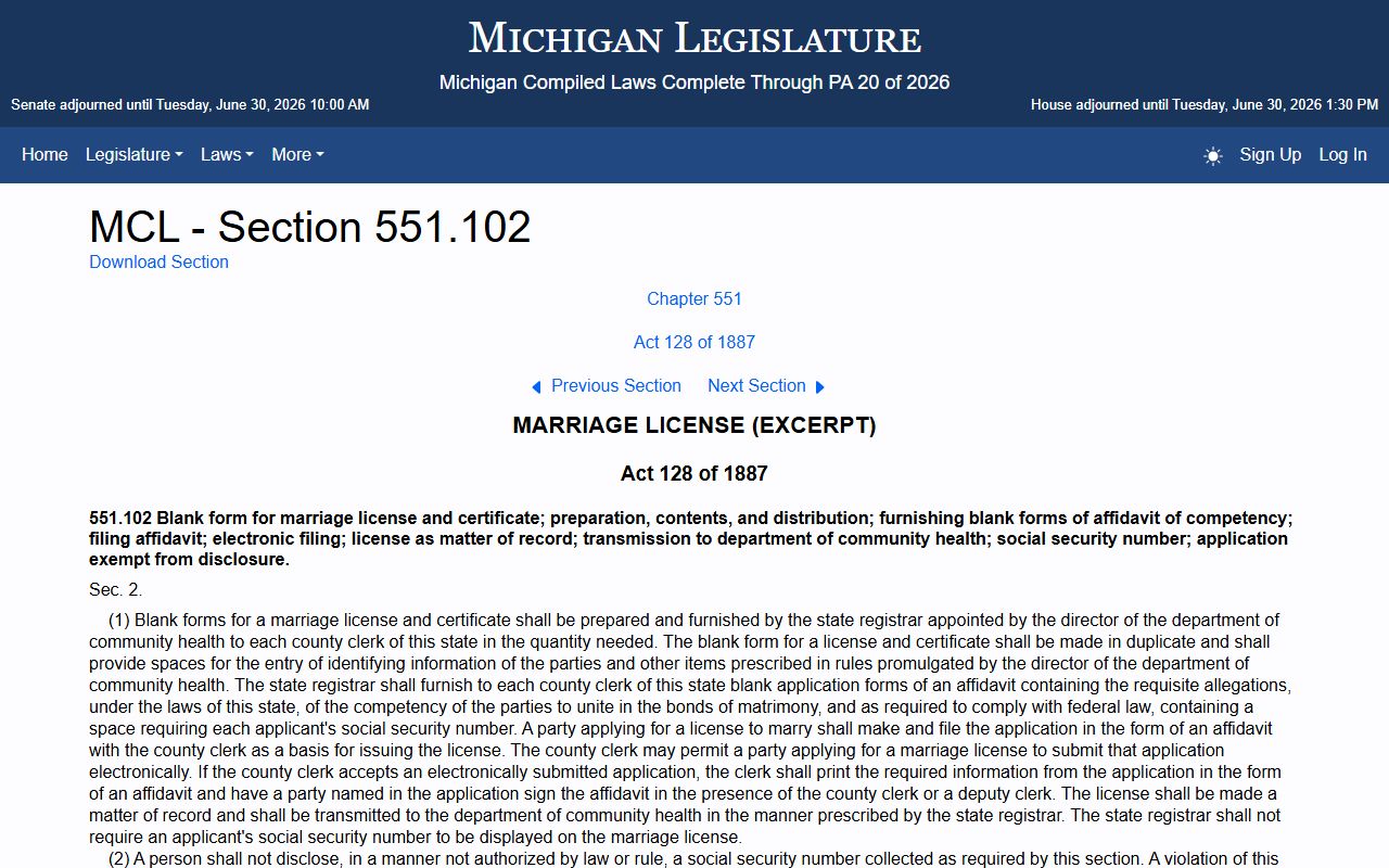 Menominee County marriage and divorce records affidavit requirement under Michigan law
