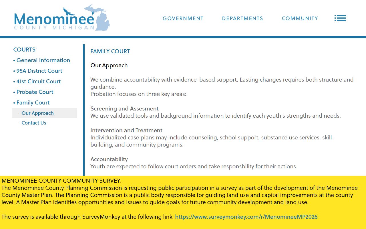 Menominee County probate records family court approach page describing care for sensitive matters