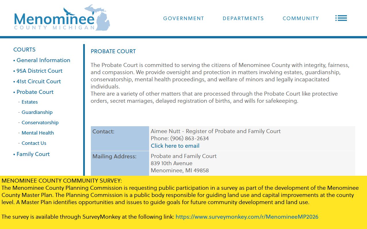 Menominee County probate records Probate Court page listing subject areas and register contact