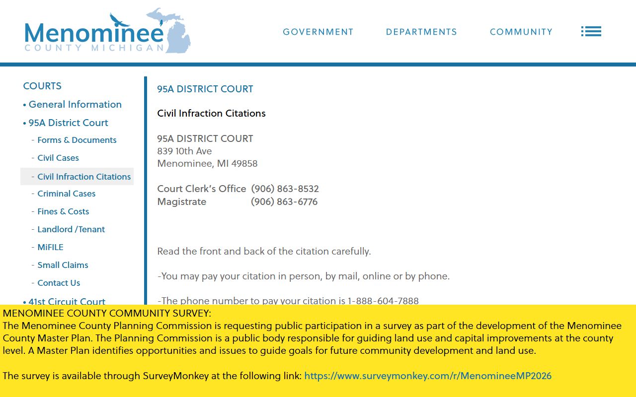 Menominee County traffic court records civil infraction citation guidance