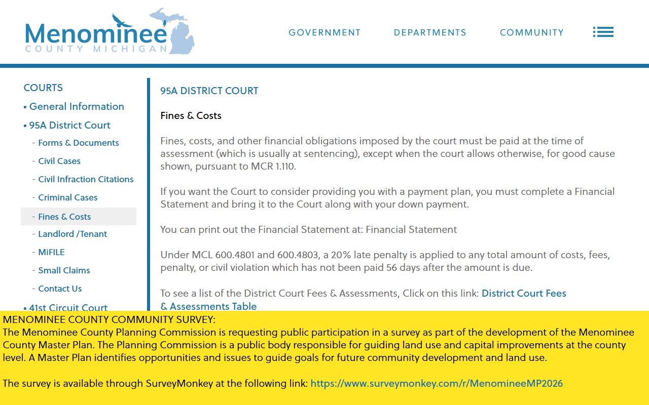 Menominee County traffic court records fines and costs payment guidance