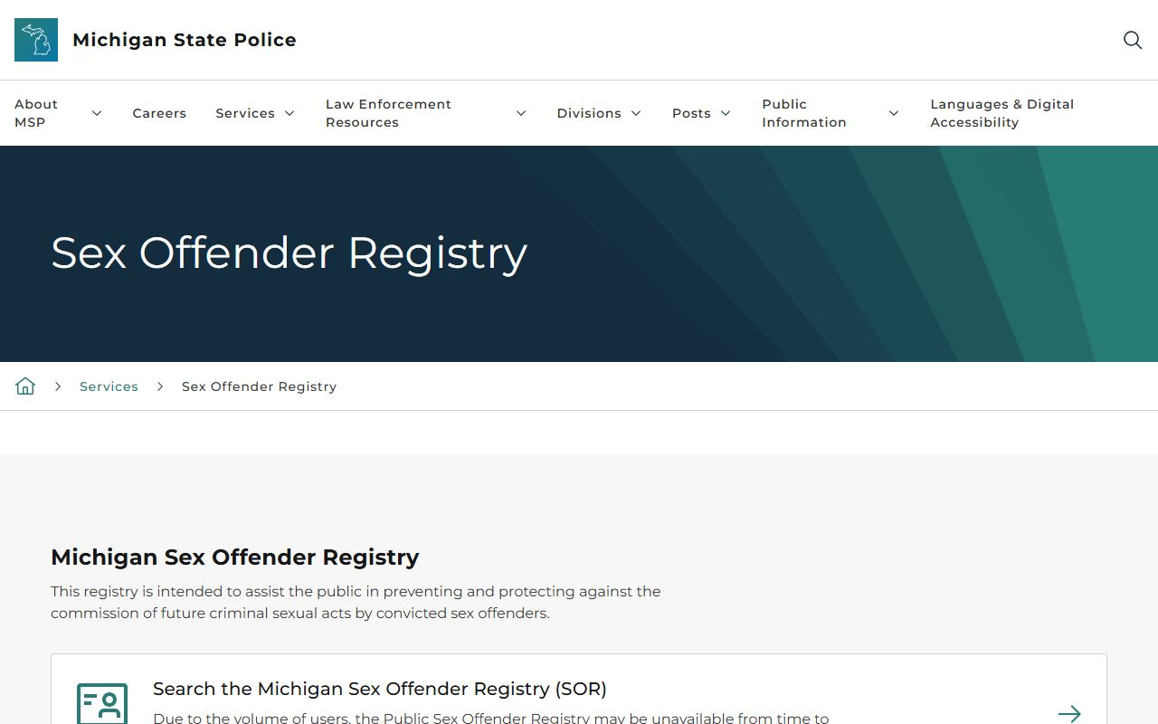 Menominee County warrant searchers using the Michigan State Police registry page