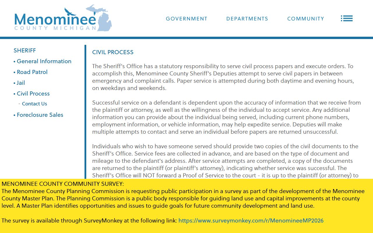 Menominee County warrant checks and the Sheriff's Office civil process page