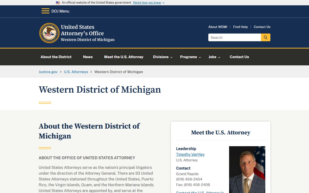 Menominee County warrant matters and the U.S. Attorney Western District of Michigan page